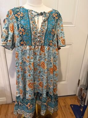 Boho Floral Midi Dress in Light Blue and Orange